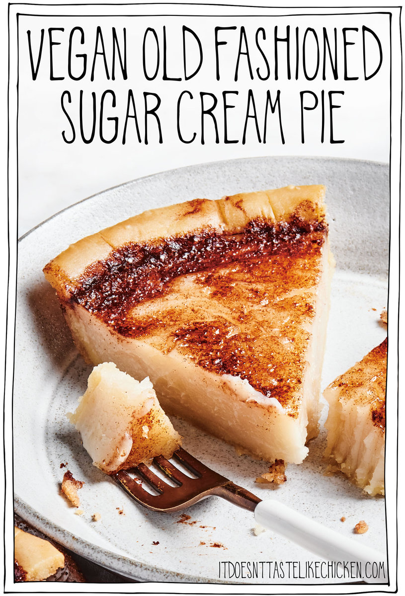 Just 7 ingredients to make this Vegan Sugar Cream Pie recipe! This easy-to-make, delectable pie has a sweet, creamy, cinnamon-swirled, custardy filling with a tender, flaky pie crust. This old-fashioned pie is a classic for a reason—it’s hands-down delicious!  