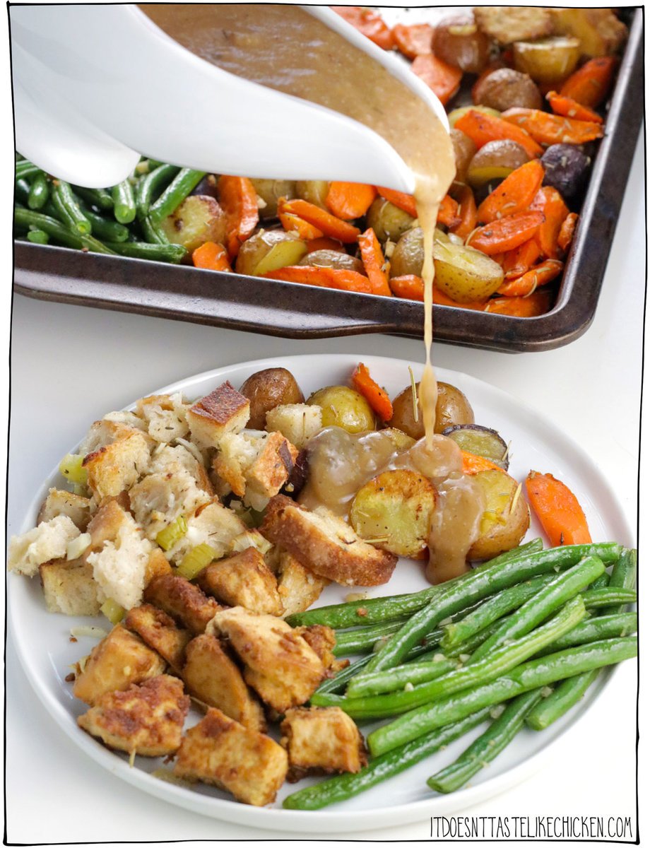 This Vegan Sheet Pan Thanksgiving Dinner is a delectable tribute to the flavors of Thanksgiving, and the best part is that you can enjoy it any day of the week. It's a complete feast including a crispy-on-the-outside, creamy-on-the-inside stuffing, tofu bites that are seasoned to taste like turkey, perfectly roasted potatoes and carrots, and garlicky green beans. It's easy to prepare, and it all bakes together on a sheet pan!