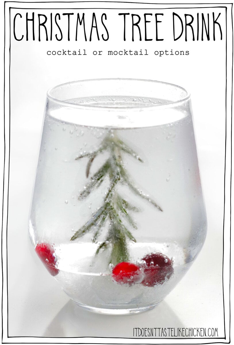 Celebrate the holidays with this festive Christmas Tree Drink! This recipe has options for both cocktails and mocktails so that everyone can have a drink. The Christmas "tree" is made from a sprig of rosemary that is frozen in ice, with cranberries or pomegranate seeds for decoration.