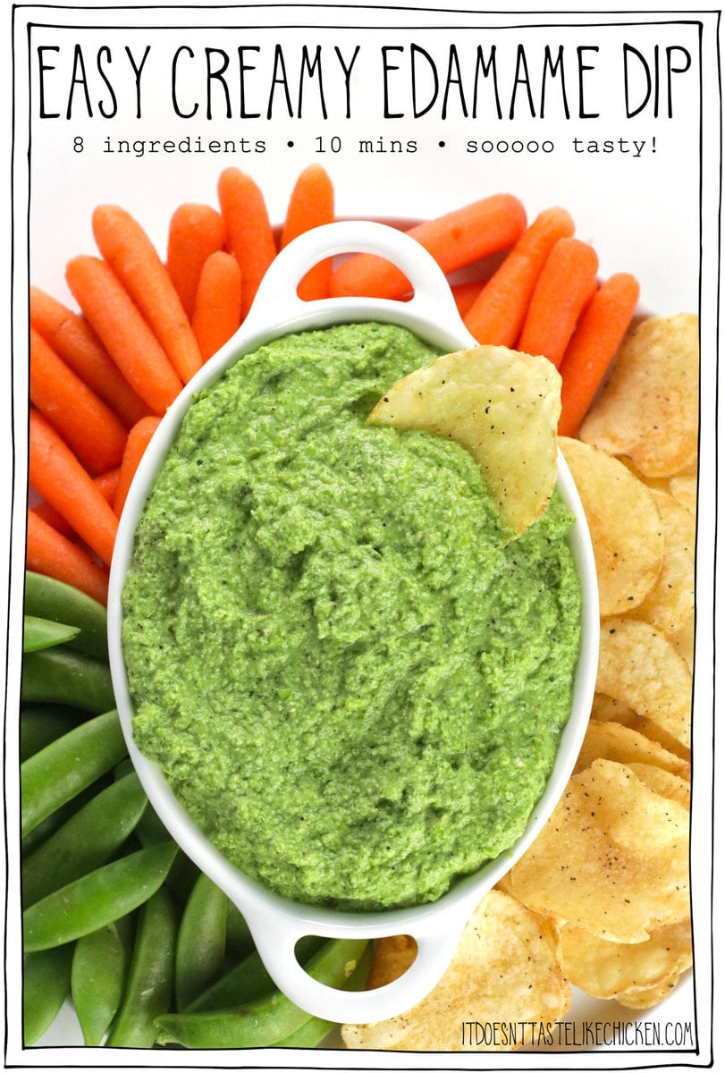 Just 8 simple ingredients and 10 minutes of your time, and you'll have a delicious dip that you'll want to make on repeat! Say hello to the incredible Easy Creamy Edamame Dip! Just dump the ingredients in a food processor and blend. That's it! This dip is so creamy, so flavorful, and so easy to whip up, it'll quickly become your go-to vegan dip recipe.
