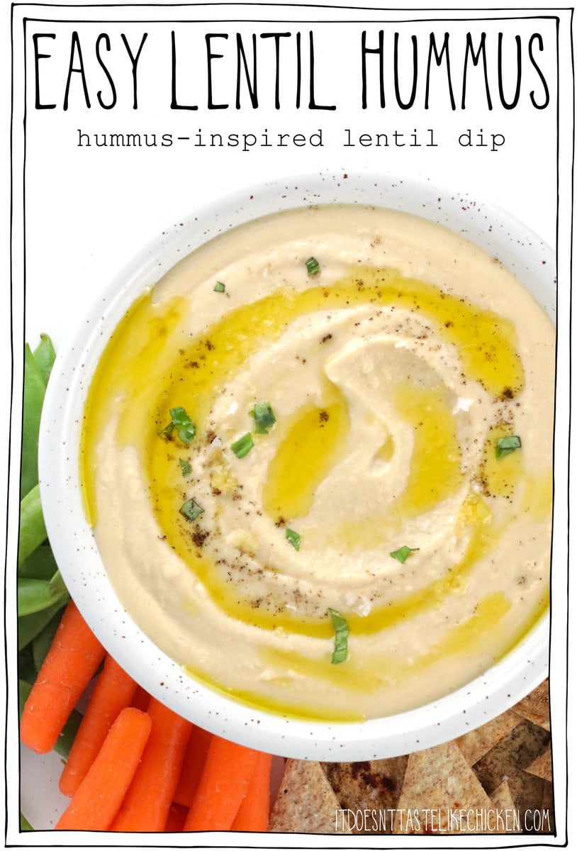 This Easy Lentil Hummus recipe uses all the same seasonings as traditional hummus but instead of using chickpeas, it's made with red lentils! "Hummus" is Arabic for "chickpea" so this is not truly a hummus recipe, but just a hummus-inspired lentil dip. This dip is extra-creamy and smooth, easy to make, and packed with protein!