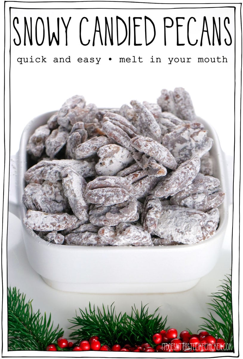 Just 5 ingredients and 15 minutes is all it takes to make these Snowy Candied Pecans! This quick and easy vegan and gluten-free treat is perfect for snacking, adding to charcuterie boards, or for giving as a homemade holiday gift. Crunchy, sweet, cinnamon-infused, and melt-in-your-mouth delicious, these easy candied pecans have become a must-have for every holiday season!