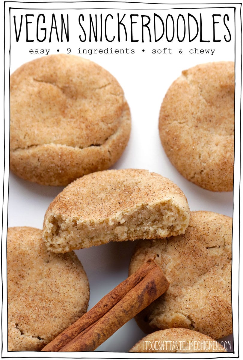Easy Vegan Snickerdoodle Cookies—soft, pillowy clouds of cinnamon-sugar perfection. With just 9 simple ingredients, these snickerdoodles are a breeze to whip up and taste even better than the classic version. These cookies can also be made ahead and freeze well too, perfect for your holiday baking! 