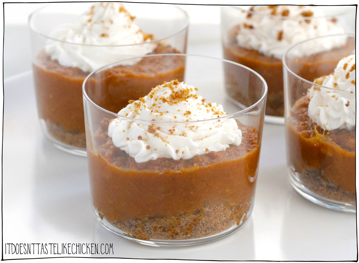 How cute are these Vegan No Bake Pumpkin Pie in a jar? This recipe is super easy to make, requires no baking, and is assembled in perfect individual portions. Easy to make with just 10 ingredients and 20 minutes. The perfect dessert for the holiday season, or easy enough that can be made any time of year! Layers of cookie crumble for the crust, delicious pudding-like pumpkin filling with warming spices, topped with a vegan cream cheese frosting. YUM!