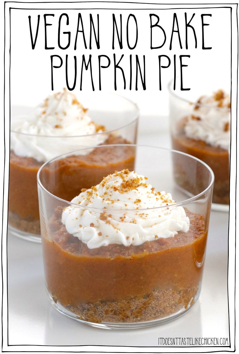 How cute are these Vegan No Bake Pumpkin Pie in a jar? This recipe is super easy to make, requires no baking, and is assembled in perfect individual portions. Just 10 ingredients and 20 minutes. The perfect dessert for the holiday season, or easy enough that can be made any time of year! Layers of cookie crumble for the crust, delicious pudding-like pumpkin filling with warming spices, topped with a vegan cream cheese frosting. YUM!