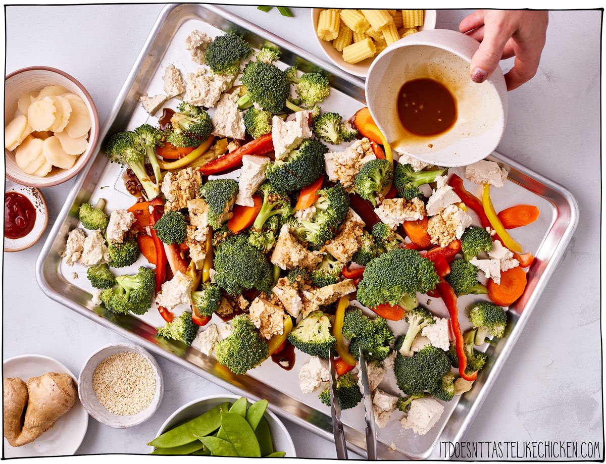 Toss the veggies and tofu in the sauce on a baking sheet and bake!