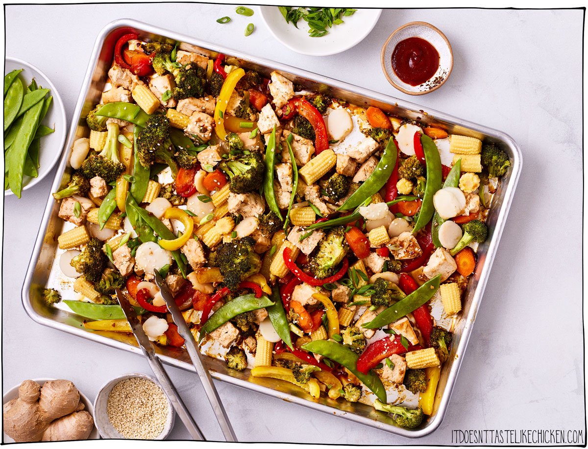 Looking for a super simple, mega tasty, veggie-loaded dinner? Vegan Sheet Pan Stir Fry is what you need! All the flavors of a vegetable stir fry, minus the messy frying. Just toss all the veggies and tofu on a baking sheet, coat in the simple stir-fry sauce, and let the oven do its magic. The vegetables come out perfectly tender crisp, and full of flavor. Serve on rice or noodles for an easy weeknight meal that's packed full of good-for-you veggies!