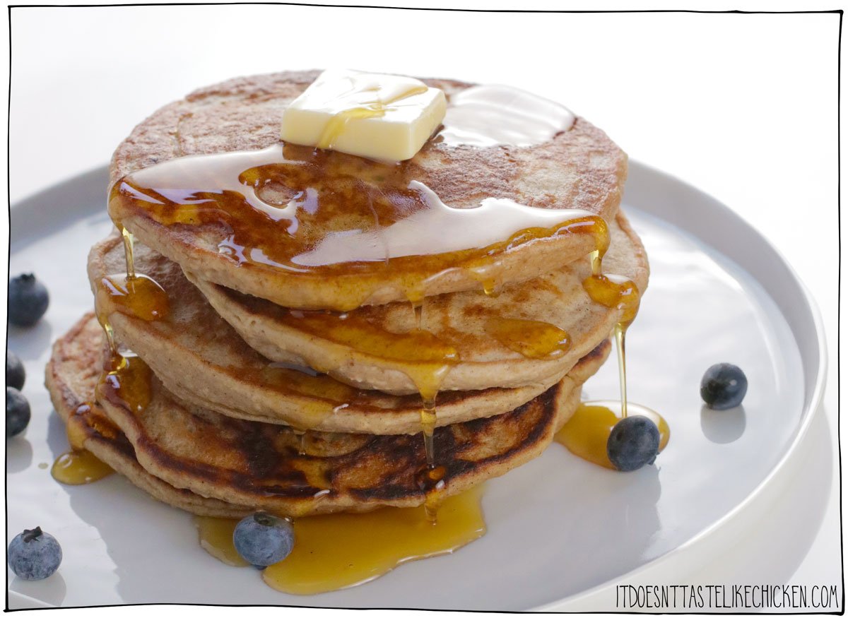 These are the best easy vegan pancakes that are designed to be healthier than traditional pancakes. The base is made with bananas, oats, and peanut butter, whizzed up in a blender. They are naturally sweetened and have no added oils! Healthy enough to eat every single day, easy enough to whip up, can be made ahead of time, and tastes better than any pancake you've ever had! EASY. QUICK. HEALTHY. DELICIOUS.