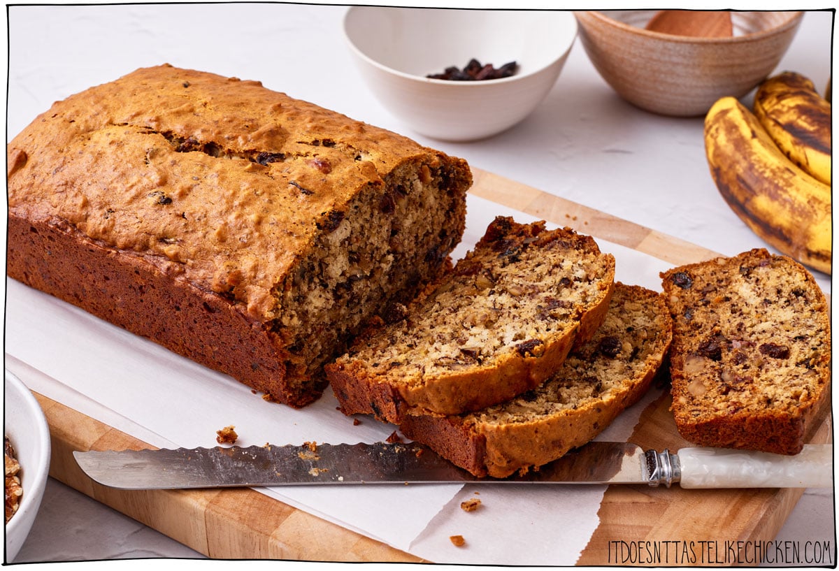 You'll never need another banana bread recipe again! This is the best, easy vegan banana bread recipe that comes together in just 15 minutes prep time with 10 simple ingredients, and in 1 bowl. It's the perfect way to use up overripe bananas. This recipe makes the most tender, moist banana bread exploding with banana flavor. Loaded with roasted walnuts and sweet raisins (or chocolate chips), it boasts a lightly crisp exterior and irresistibly moist interior. 