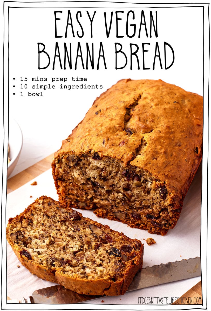You'll never need another banana bread recipe again! This is the best, easy vegan banana bread recipe that comes together in just 15 minutes prep time with 10 simple ingredients, and in 1 bowl. It's the perfect way to use up overripe bananas. This recipe makes the most tender, moist banana bread exploding with banana flavor. Loaded with roasted walnuts and sweet raisins (or chocolate chips), it boasts a lightly crisp exterior and irresistibly moist interior. 