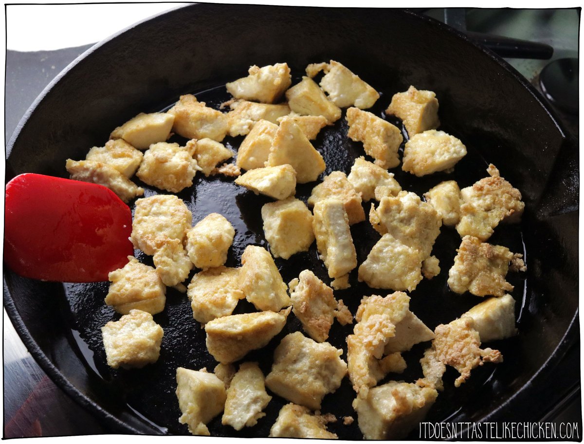 Pan fy the tofu until browned all over.