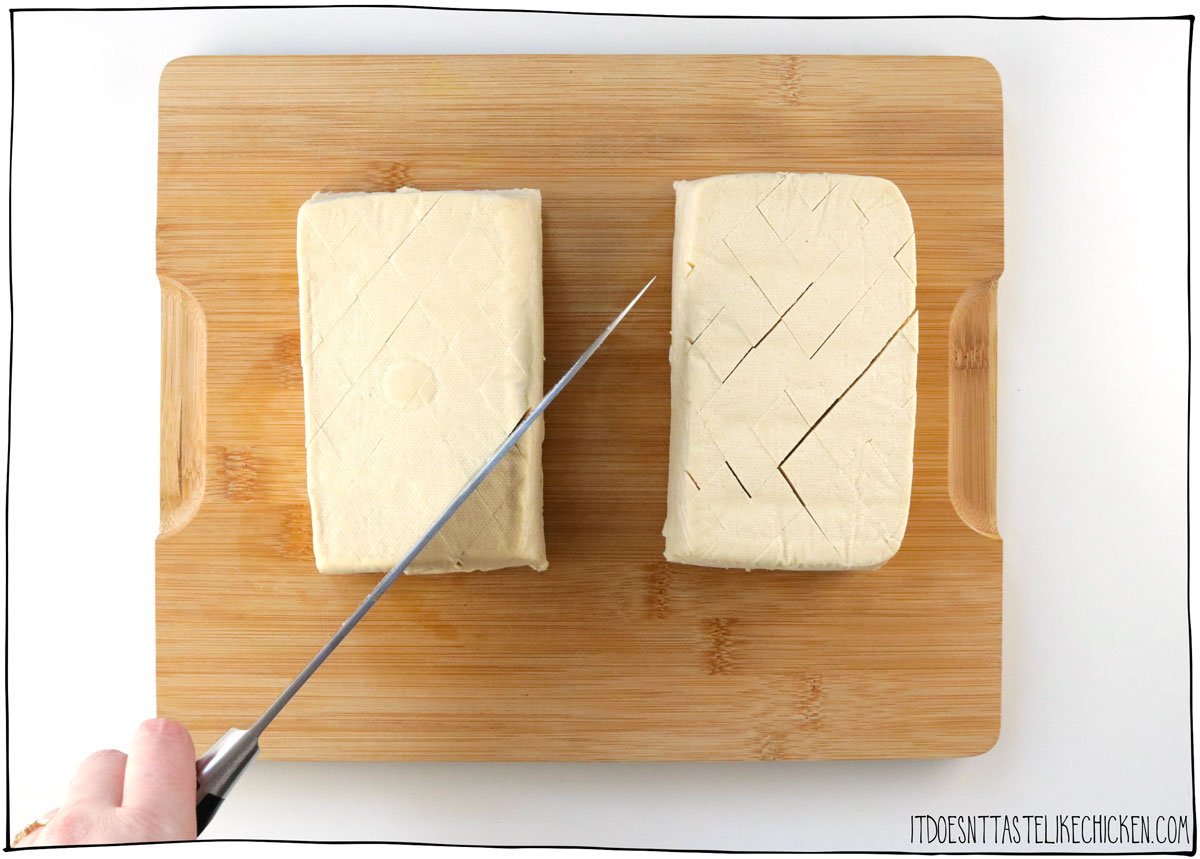 Score the tofu in a diamond pattern.