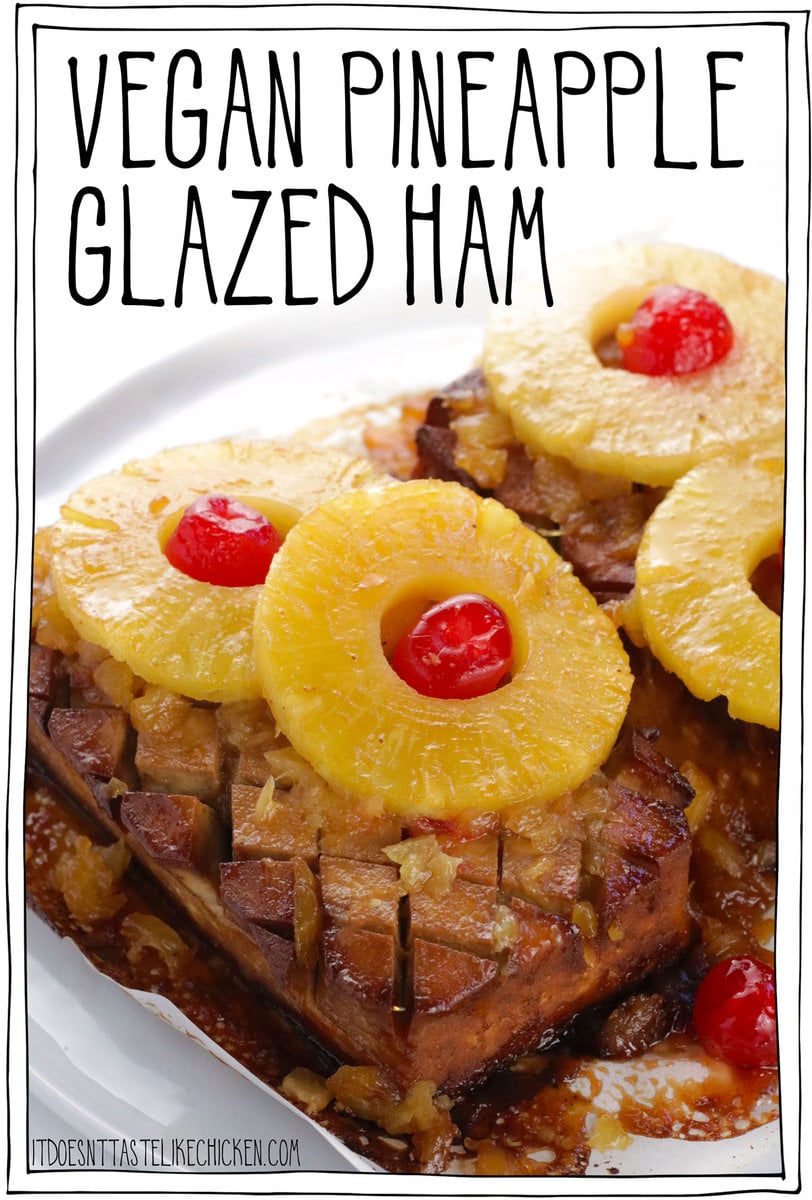 Get ready to steal the show at your next gathering with this Vegan Pineapple Glazed Ham – a playful take on the timeless favorite! Smoky tofu ham is baked in a sweet spiced pineapple glaze and decorated with pineapple rings and maraschino cherries for that retro look. With just 10 simple ingredients, this easy vegan ham recipe is a guaranteed hit, whether it's Easter, Christmas, or any occasion calling for a stunning centerpiece. 