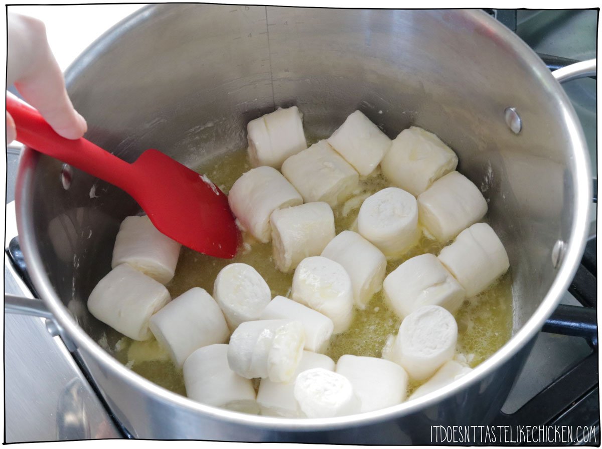 Melt the vegan butter over medium low heat. Add the marshmallows and stir continually until they melt into a gooey mass.