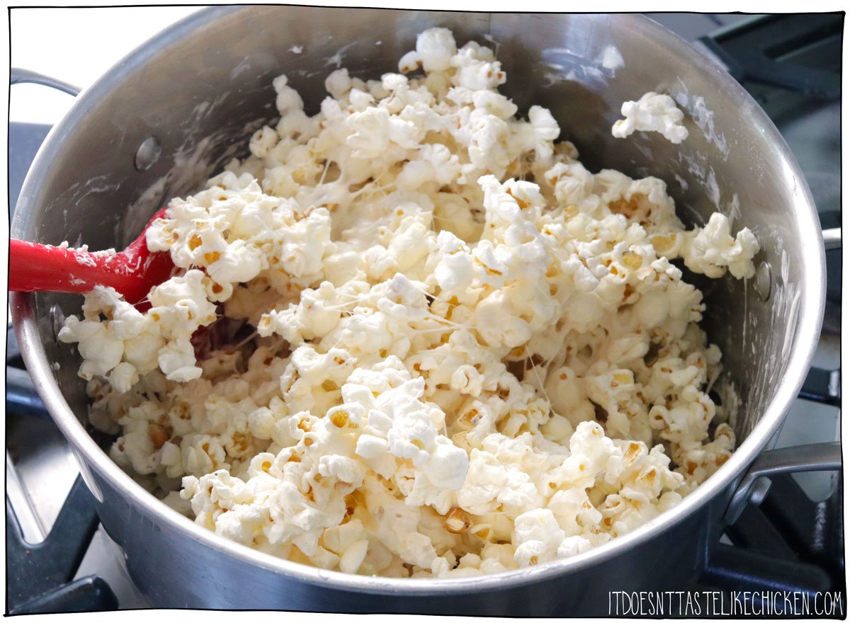 Then mix in the popped popcorn. 