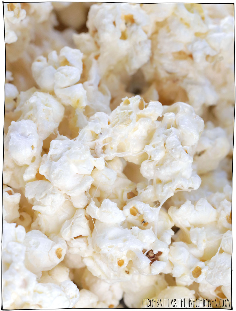 A cross between salty popcorn and rice krispie squares, I bring you vegan Marshmallow Popcorn! Just 5 easy ingredients and 15 minutes to make. The perfect gooey, sweet, crispy, salty treat for movie night!