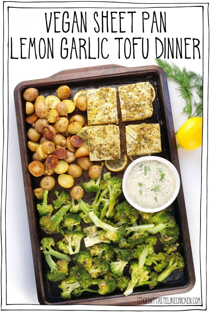 Vegan Sheet Pan Lemon Garlic Tofu Dinner is an all-in-one meal. Flavorful garlicky tofu steaks, accompanied by perfectly golden roasted potatoes, and tender roasted broccoli, served with dairy-free yogurt dill sauce that's bursting with zesty freshness. YUM! This easy one-pan dinner is quick to make, and great for meal prep too!