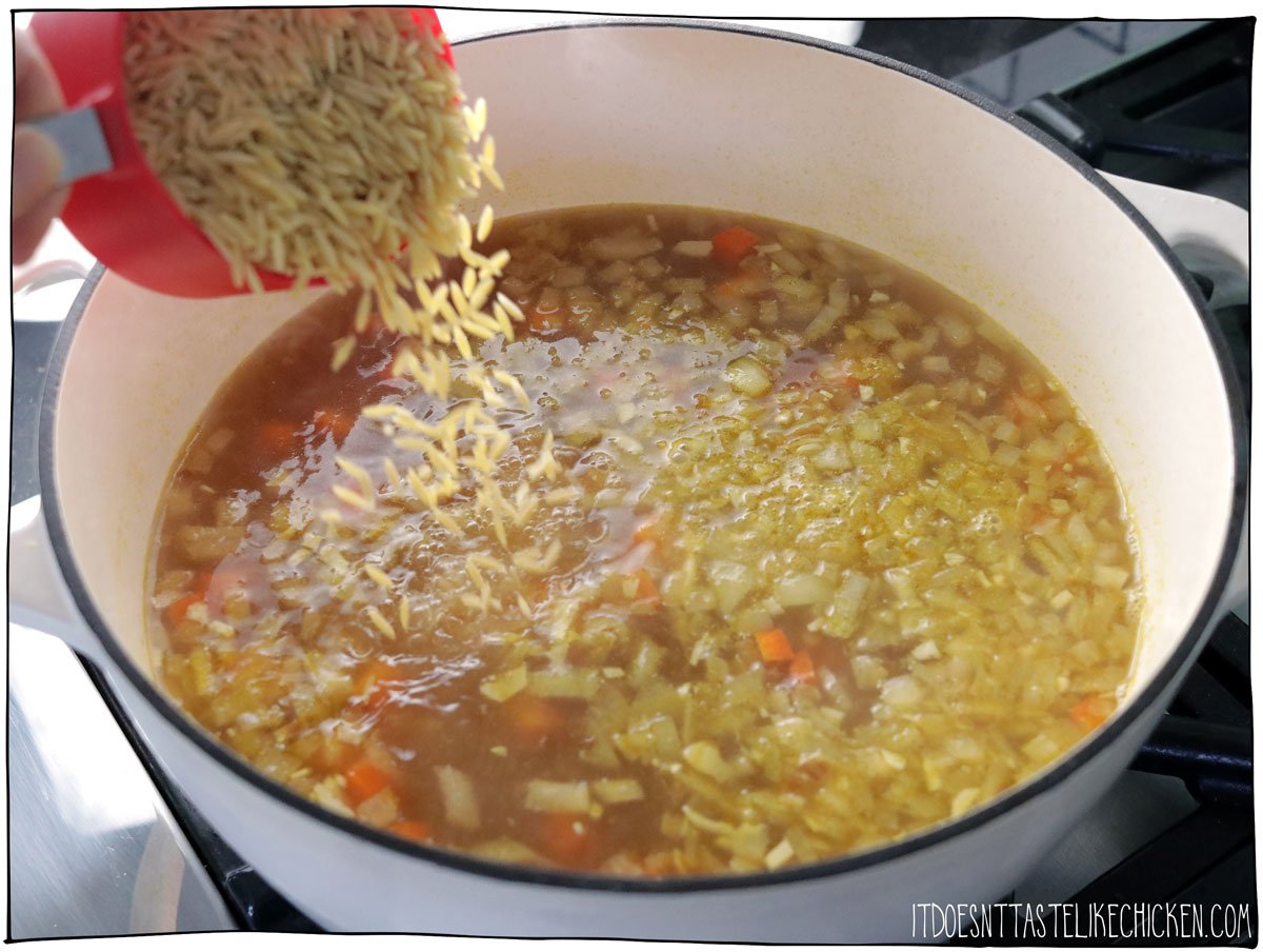 Pour in the vegetable broth. Once simmering add to orzo and continue to simmer for 5 - 10 minutes until the orzo is al dente.