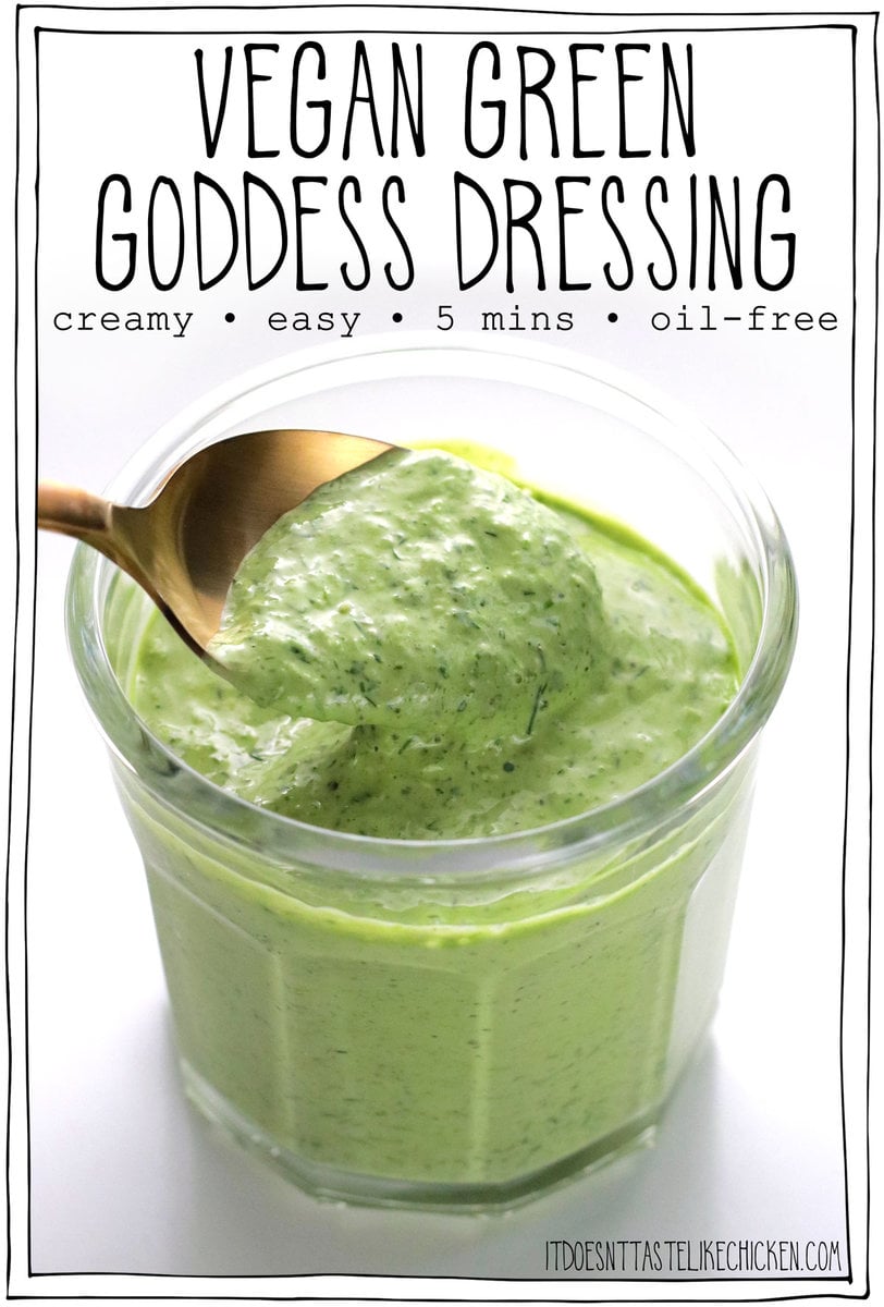 Easy, creamy, and dreamy! This Vegan Green Goddess Dressing is the perfect way to use fresh herbs. It makes a vibrant green sauce that is fresh, tangy, bright, and tastes like spring! Drizzle it on salads, or you can use it as a dip or a sandwich spread. It's also oil-free, cashew-free, low-calorie, and quick and easy to whip up-  just 5 minutes!