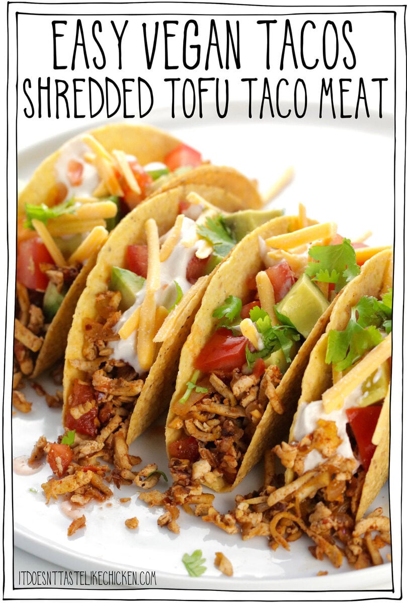 Get ready to fall in love with my new Easy Vegan Tacos made with Shredded Tofu Taco Meat! This is the BEST vegan taco meat you'll ever taste! The secret is to use a cheese grater to grate the tofu into shreds- this gives it a texture similar to pulled chicken! The tofu is then sautéd with onion, garlic, tomato, and a homemade spice blend for the best taco seasoning. Just 30 minutes to make, these shredded tofu vegan tacos are bursting with flavor in every bite. 🌮🥳