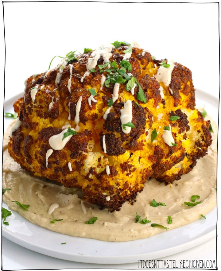Whole Roasted Cauliflower with Tahini Sauce • It Doesn't Taste Like Chicken