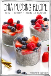 Hero image of three chia puddings in glass jars with berries and text overlay
