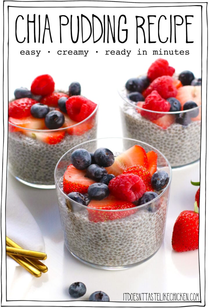 Hero image of three chia puddings in glass jars with berries and text overlay
