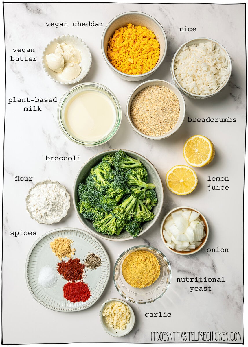 This easy Vegan Broccoli Rice Casserole is a crowd-pleaser with creamy cheese sauce, broccoli and fluffy rice. Works as a main dish or side! Ingredients for vegan broccoli rice casserole.