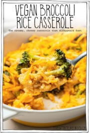 Spoonful of cheesy rice and broccoli with text overlay that reads vegan broccoli rice casserole.
