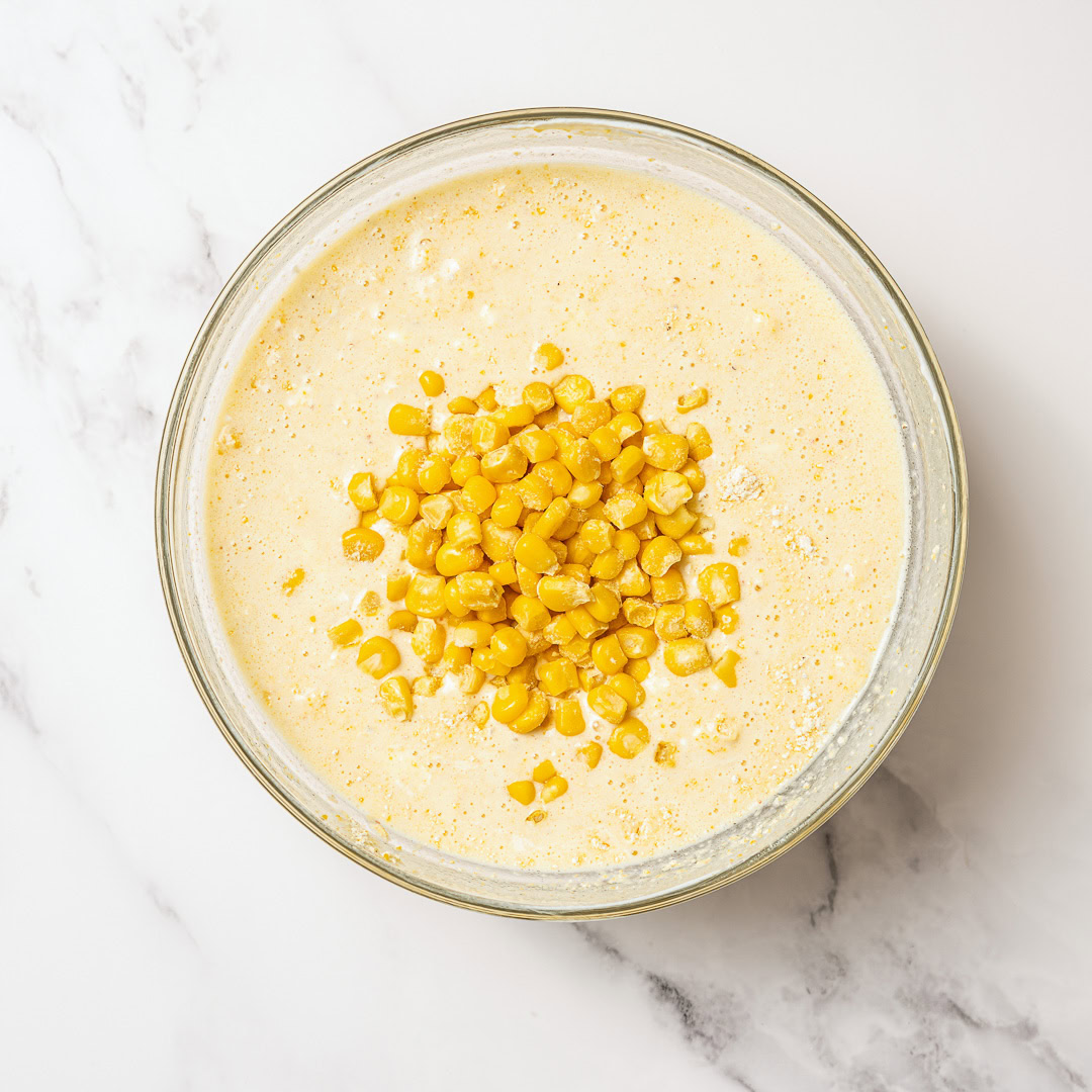 Corn kernels added to batter for vegan spoon bread.