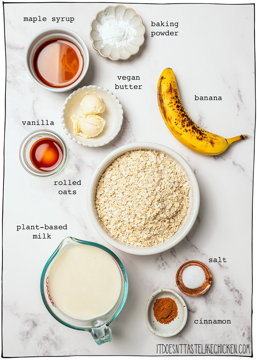 This cozy vegan baked oatmeal is easy to make, customizable, and perfect for meal prep. Mix in one bowl and enjoy any flavor combo! Ingredients for baked oatmeal recipe with labels.