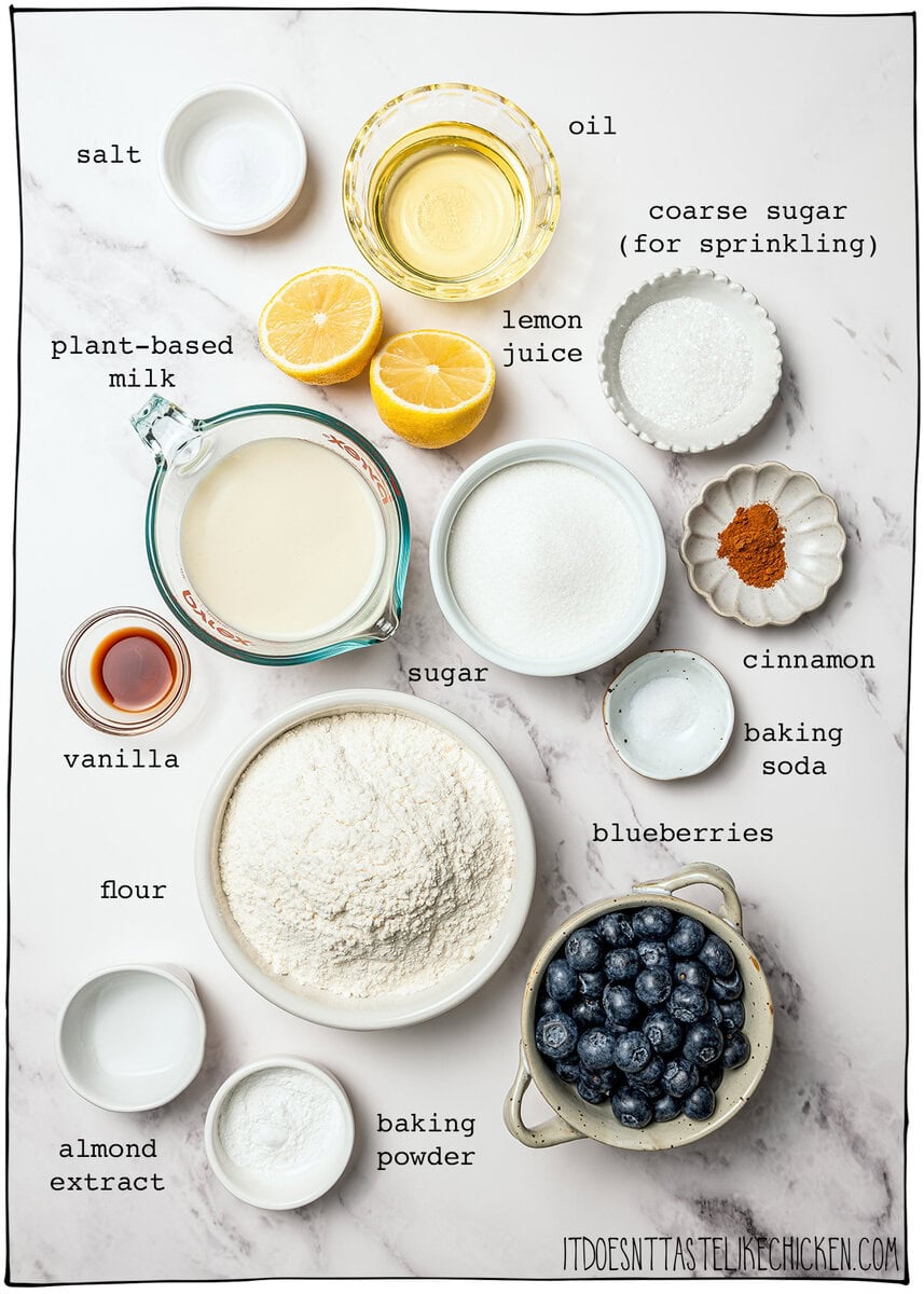 These bakery-style vegan blueberry muffins are made in one bowl, super easy! They're soft, fluffy, and finished with a crunchy sugar top. Ingredients for bakery-style vegan blueberry muffins.