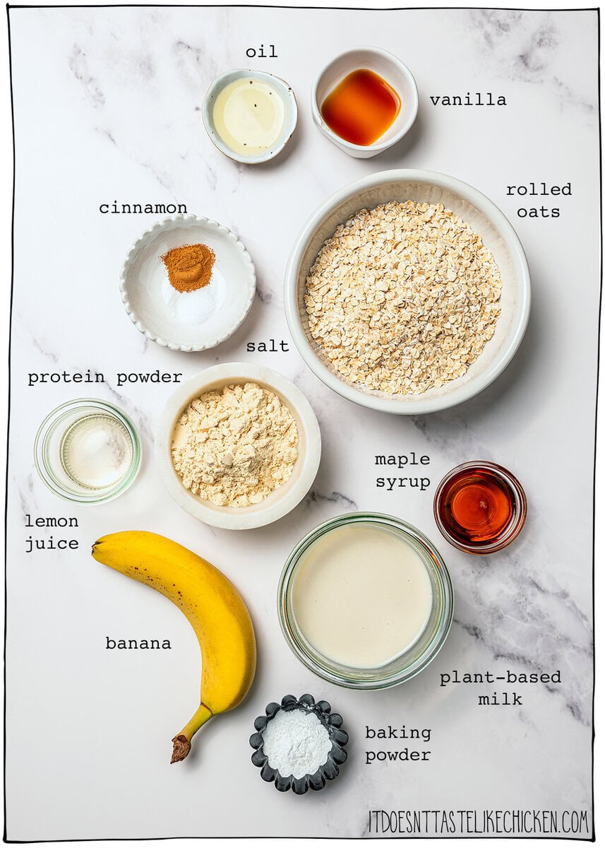 These fluffy vegan protein pancakes are mixed in the blender for an easy healthy breakfast with skillet or sheet-pan options. Gluten-free too! Ingredients for protein pancakes with labels.