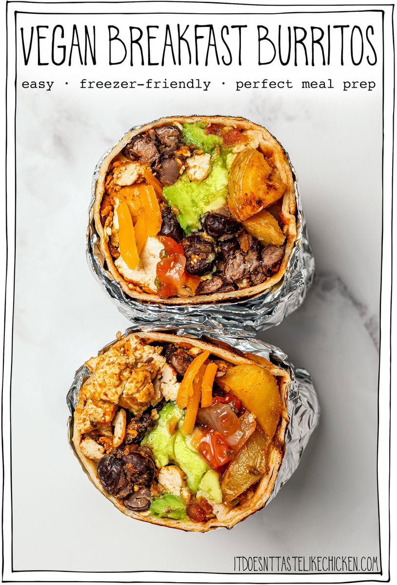 Two foil-wrapped burritos with text overlay that reads vegan breakfast burritos.
