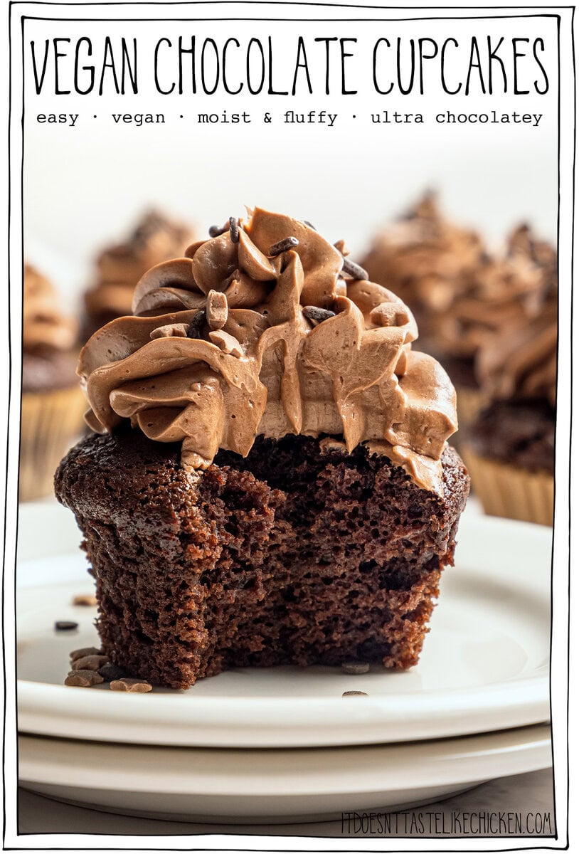 Bite taken out of cupcake on plate with text overlay that reads vegan chocolate cupcakes.