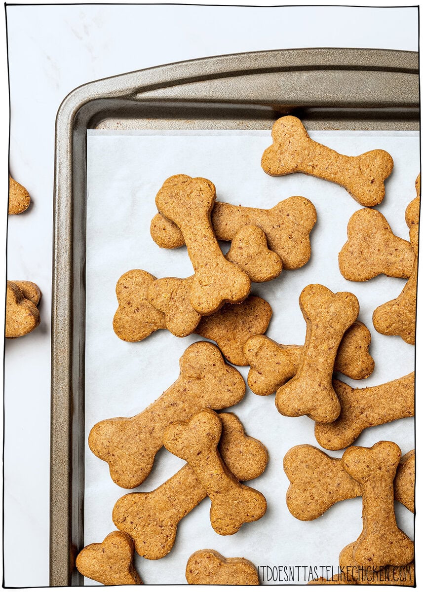 These quick and easy homemade soft dog treats use just 5 simple ingredients and bake up chewy, peanut buttery, and pup-approved! Parchment-lined pan with homemade soft dog treats.
