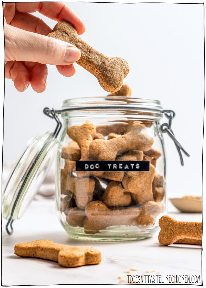 These quick and easy homemade soft dog treats use just 5 simple ingredients and bake up chewy, peanut buttery, and pup-approved! Hand removing homemade soft dog treat from jar.