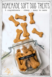 Dog treats falling out of jar onto counter with text overlay that reads homemade soft dog treats.