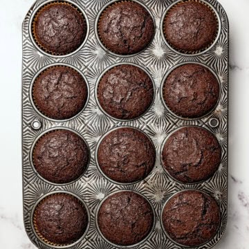 Vegan chocolate cupcakes in pan.