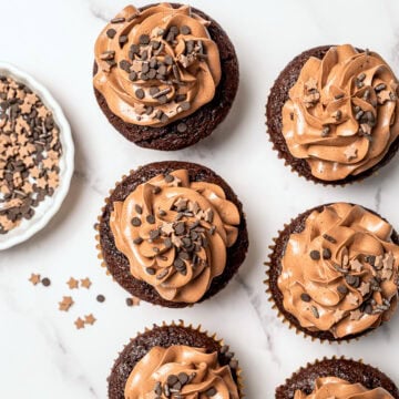 Chocolate cupcakes with vegan chocolate frosting and sprinkles.