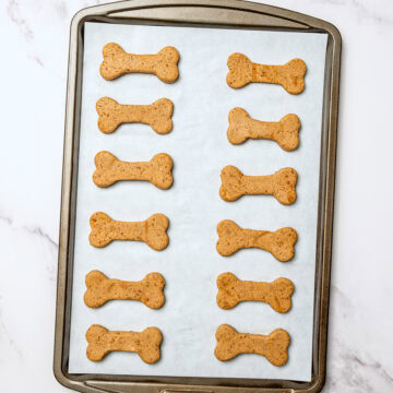 Homemade dog treats on parchment-lined pan.