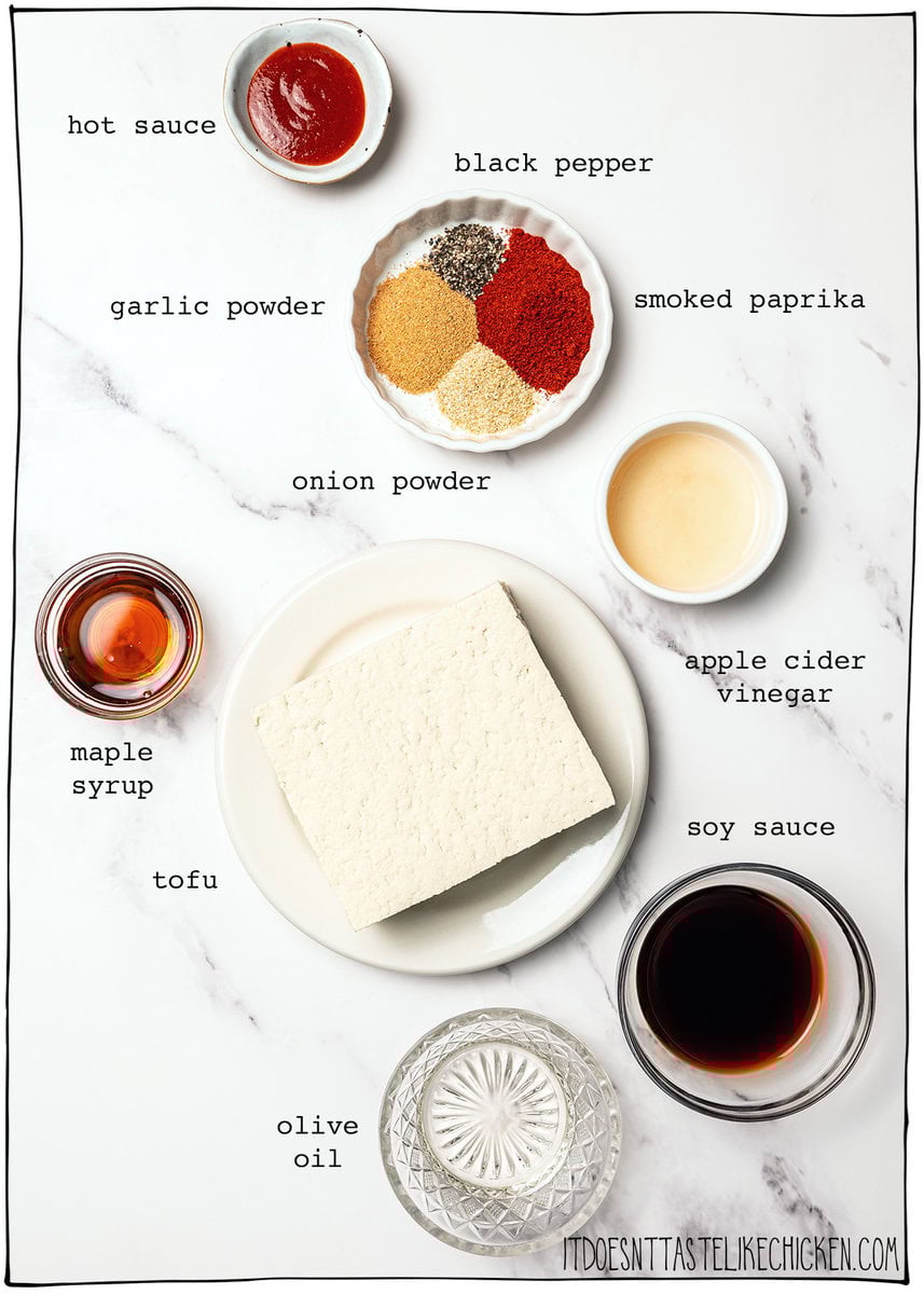 Ingredients for marinated tofu with labels.