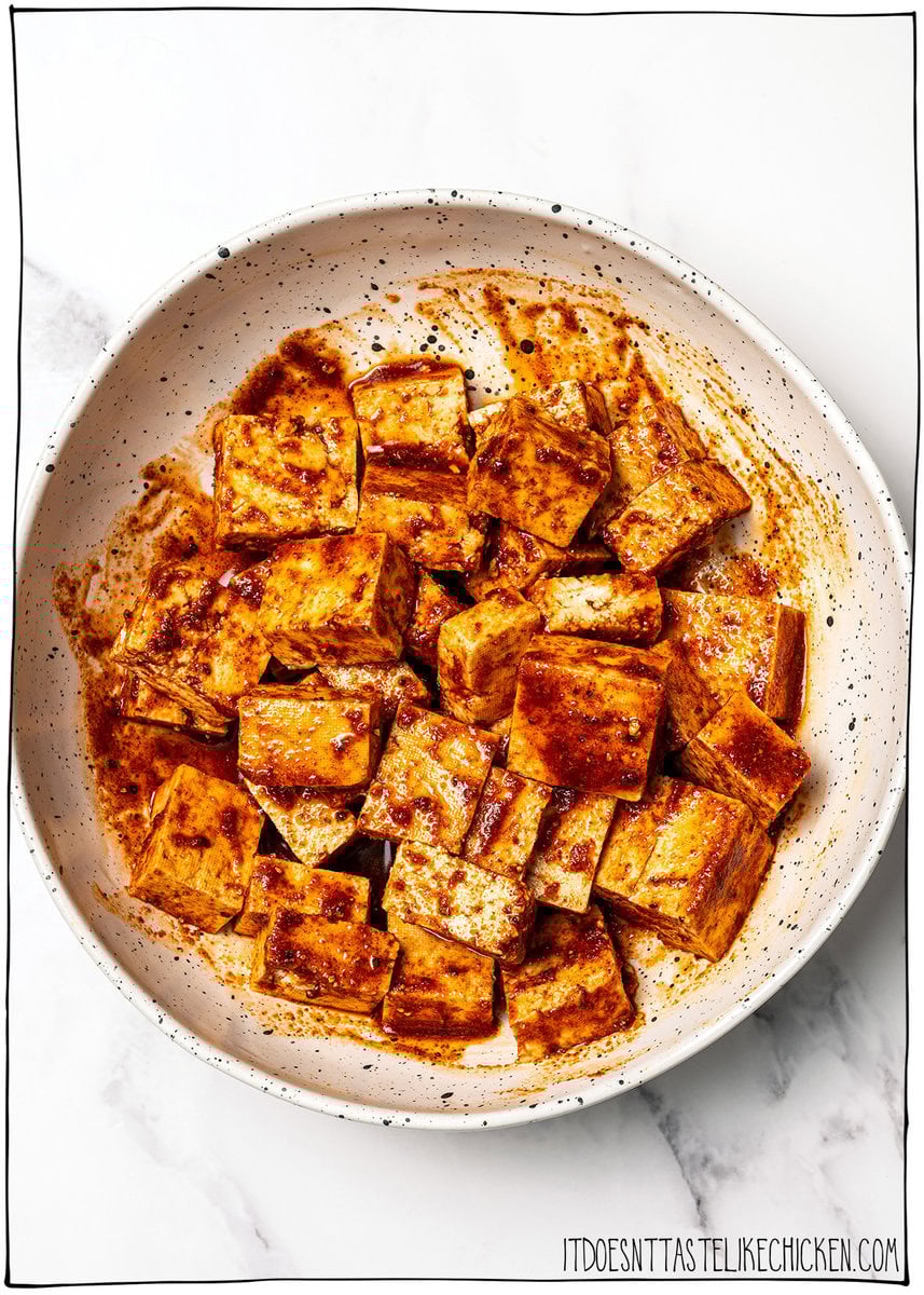 Marinated tofu in bowl.