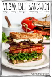 Sandwich on plate with text overlay that reads vegan BLT sandwich.