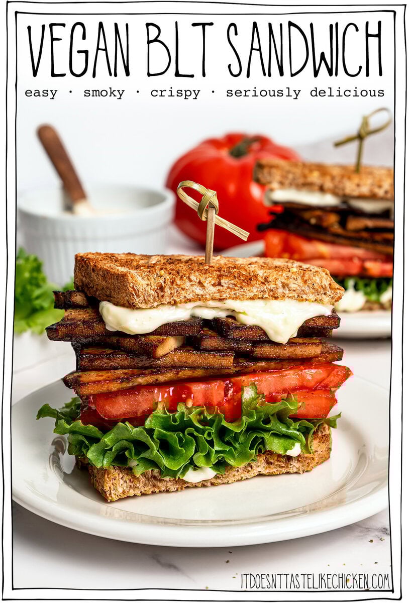 Sandwich on plate with text overlay that reads vegan BLT sandwich.