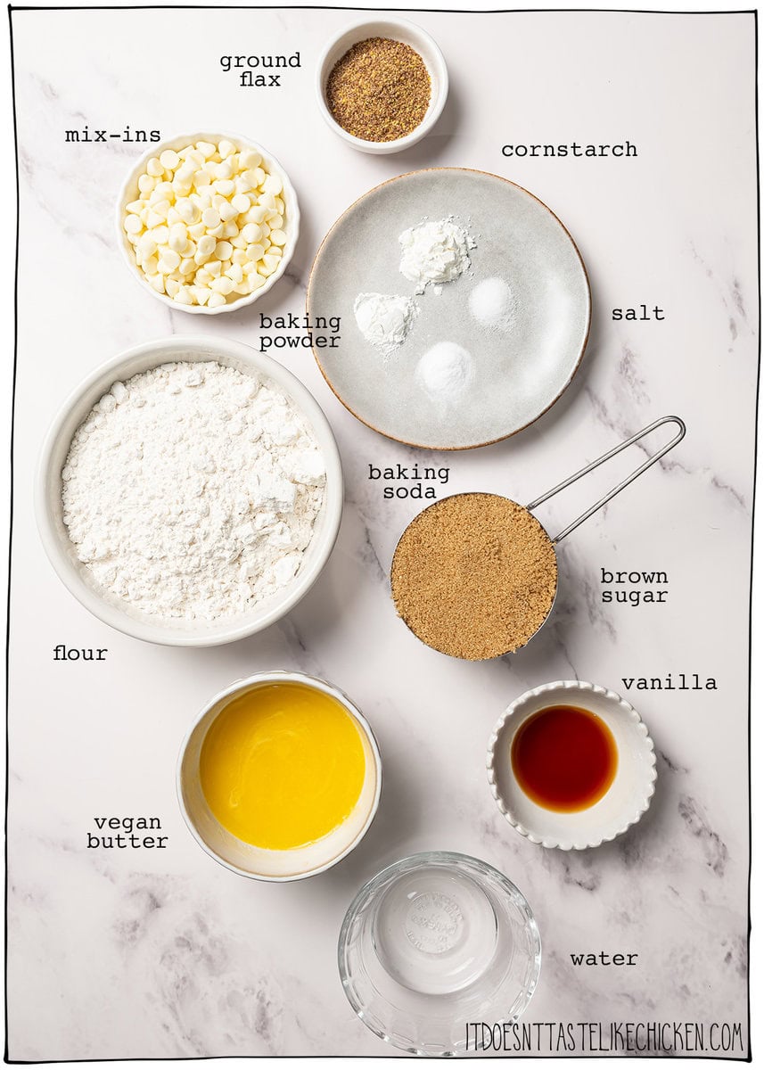 These soft, chewy vegan blondies have rich caramel flavor for bakery-style vibes. An easy one bowl recipe made egg-free and dairy-free! Ingredients for vegan blondies with labels.