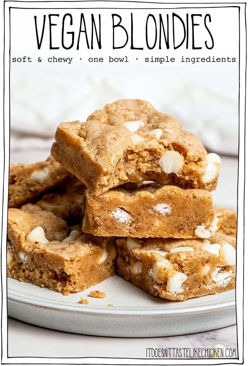 Vegan blondies stacked on plate.