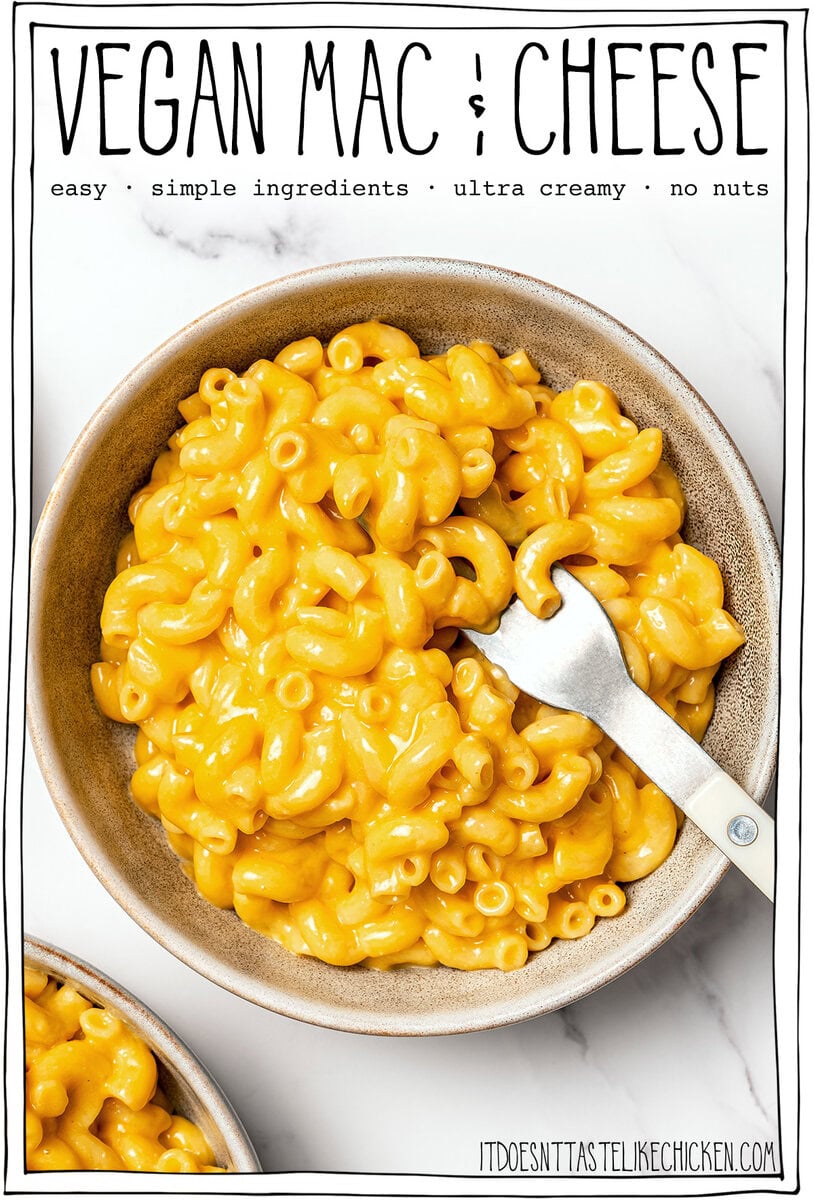 Bowl of mac and cheese with text overlay that reads vegan mac & cheese.