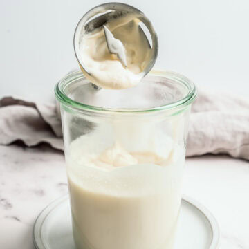 Immersion blender resting on jar of creamy vegan mayo.