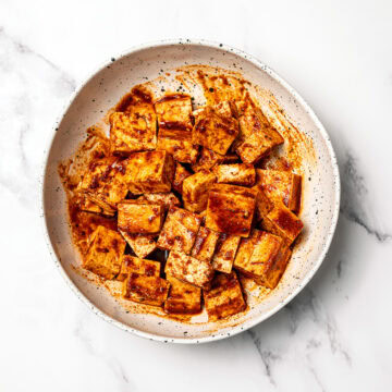 Marinated tofu in bowl.